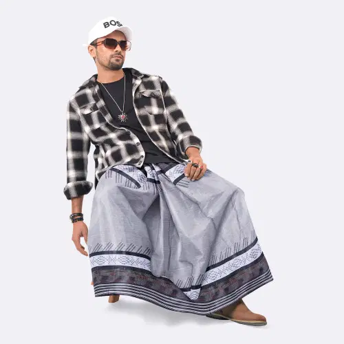 Ash Grey Geo Border Lungi - Image 2