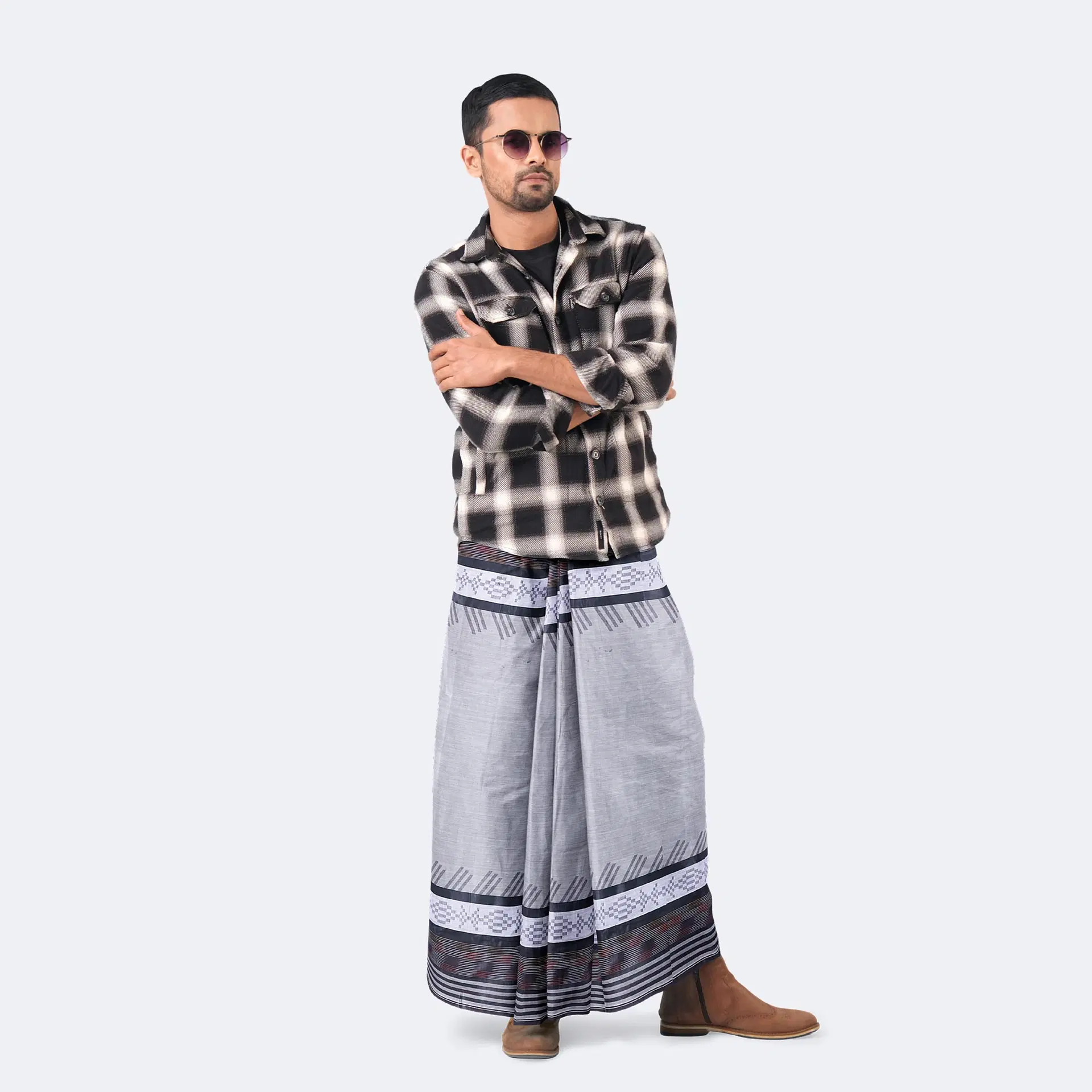 Ash Grey Geo Border Lungi